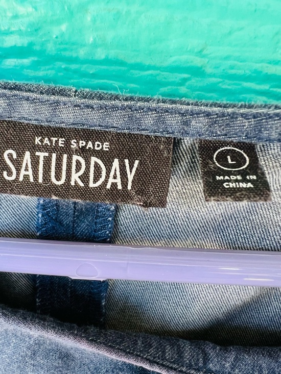 Kate Spade Saturday Denim Shift Dress L đź’™ Shirred Waist Pleated Shoulder Cotton - Picture 5 of 6
